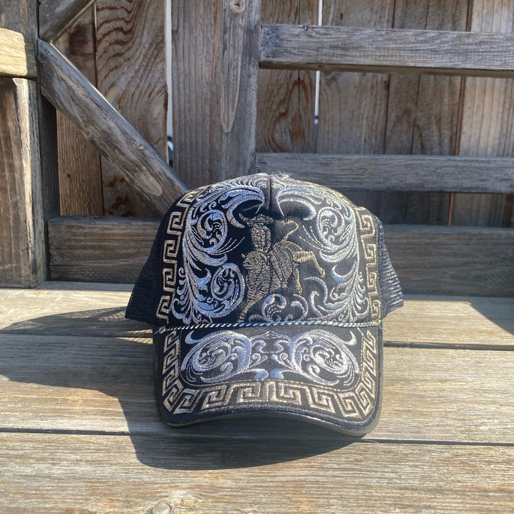 Gold and silver man riding bull embroider Mexican style black baseball cap
